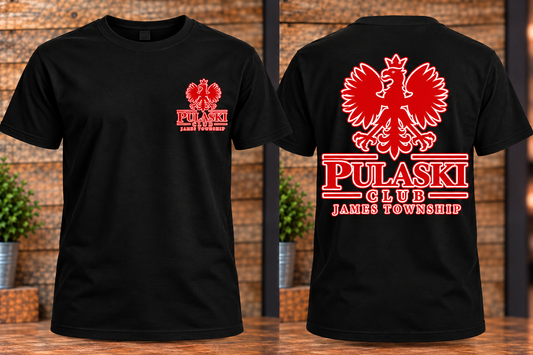 Pulaski Front and Back - Red and White Logo on Black